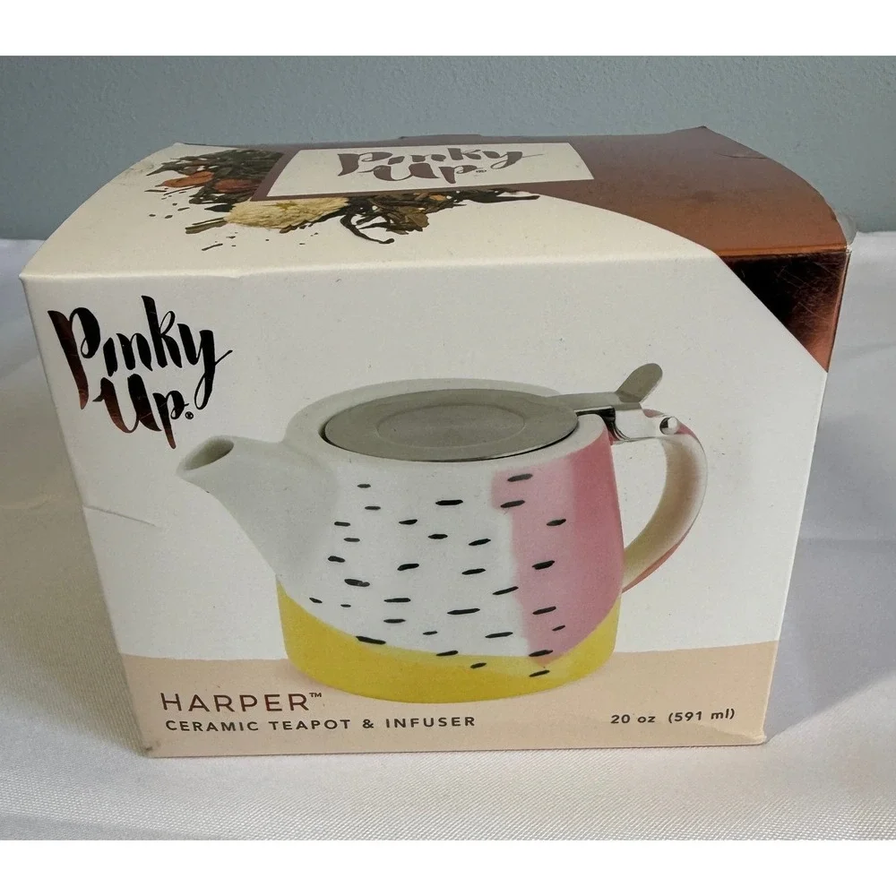 NEW Pinky Up Harper Ceramic Teapot & Infuser 20 oz Pink Yellow Abstract Design